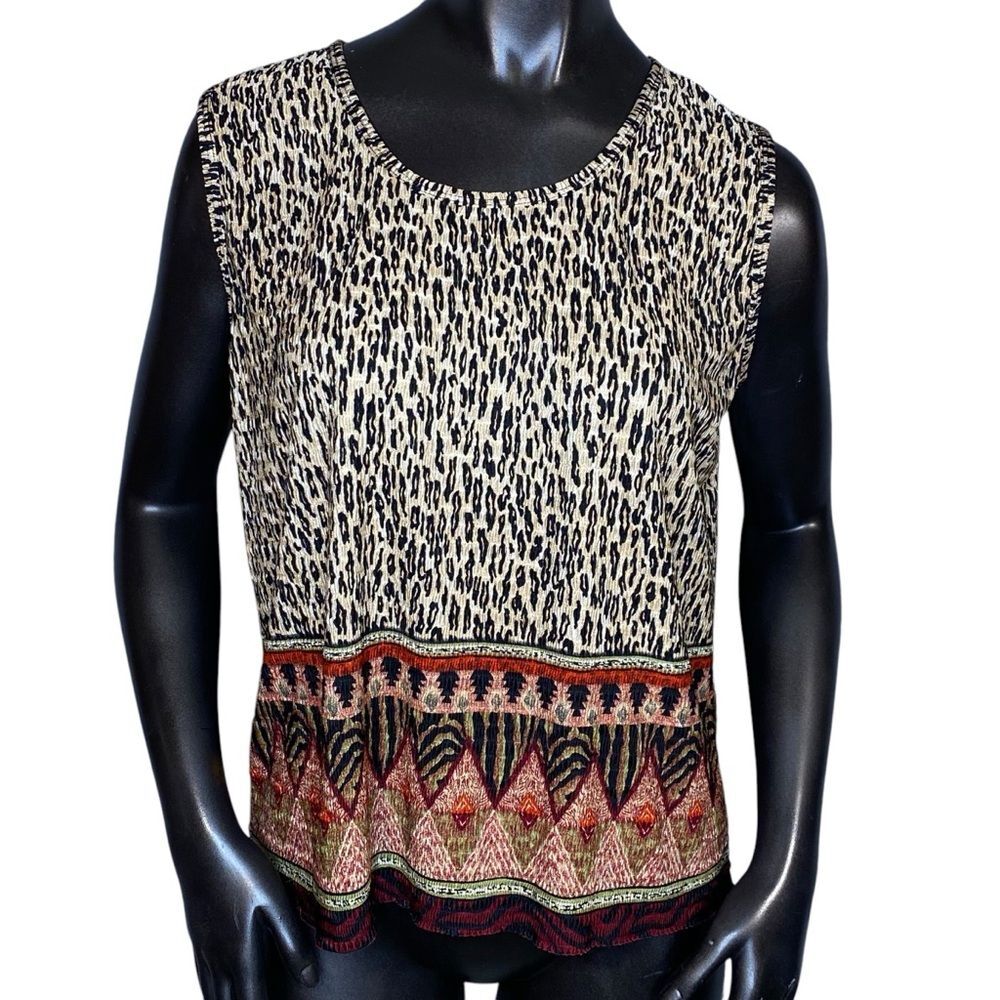 Pleat Pleat By Rafael Sleeveless Blouse Women Size Large Animal Print Round Neck